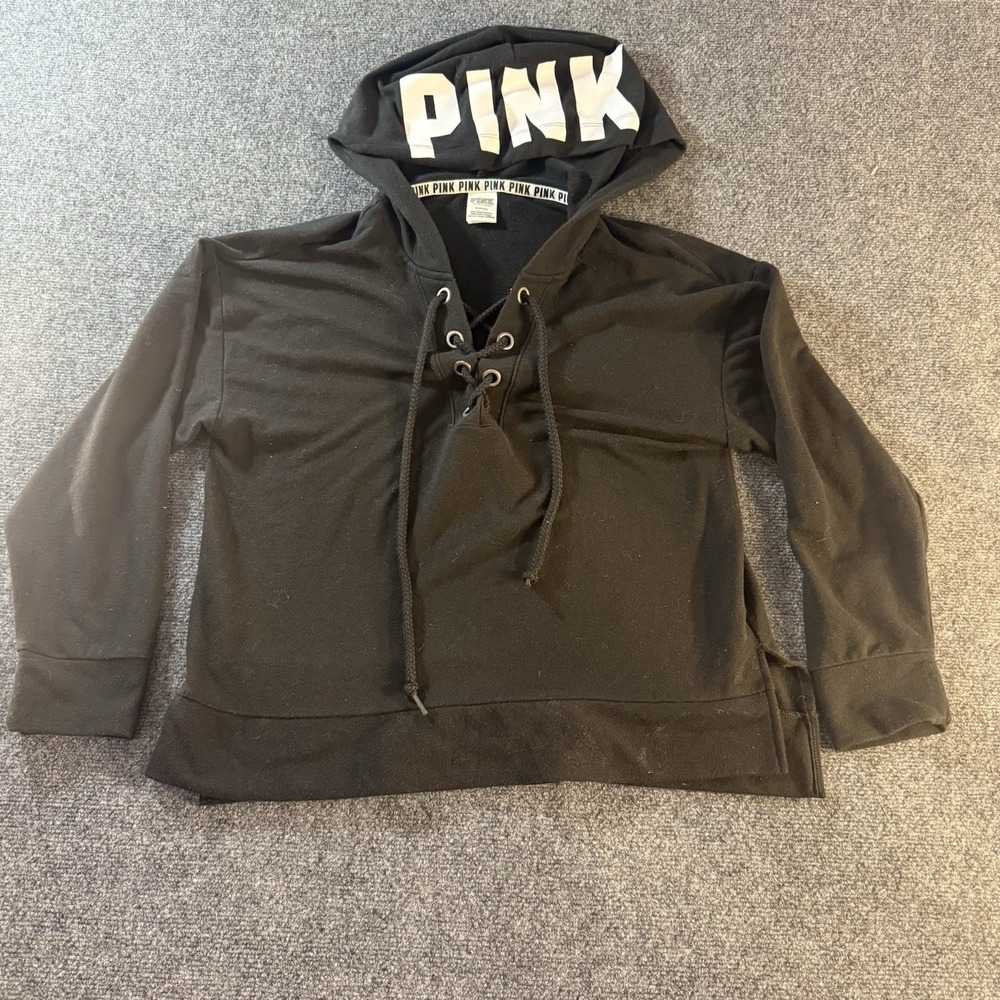 PINK‎ Victoria's Secret Hoodie M Black Lace Up Front Logo Hood Pullover 2017
